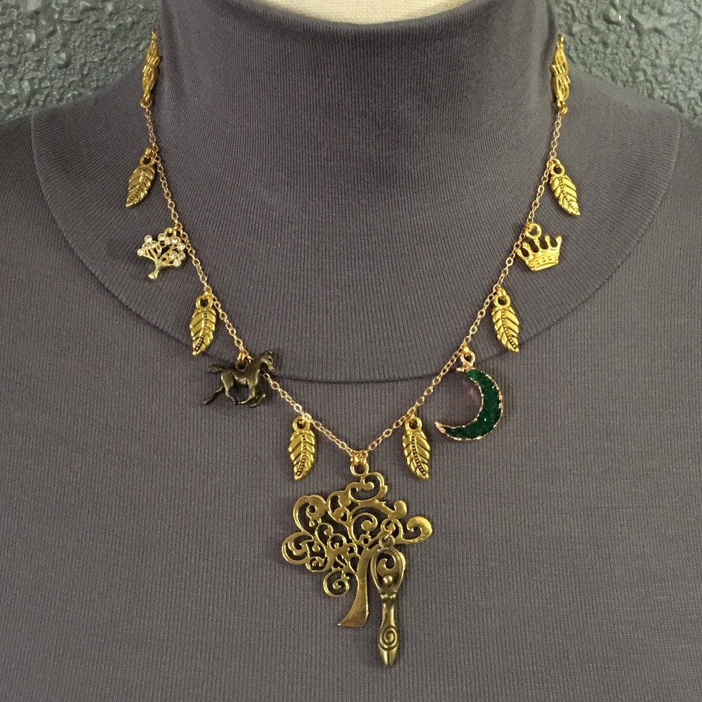Danu Celtic Forest Goddess Handmade Necklace, Gold Tree, Green Druzy Moon, Crown - Picture 8 of 15